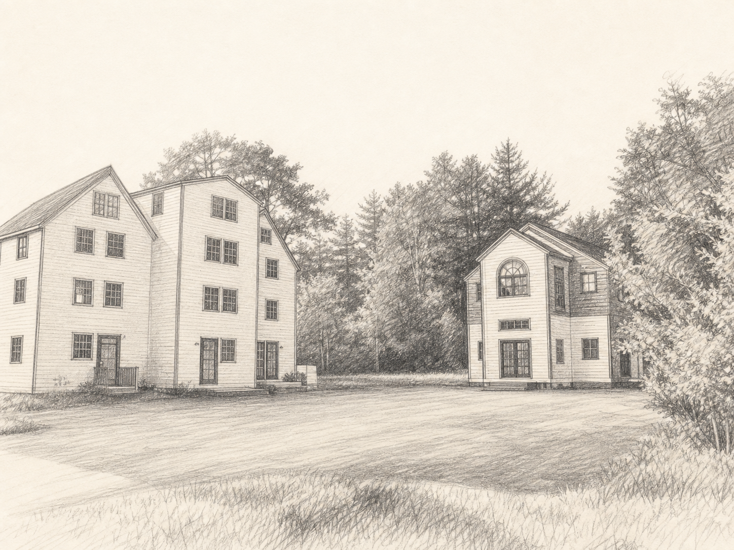 Pencil sketch of a Tazzel Group multifamily property with two buildings and a shared drive